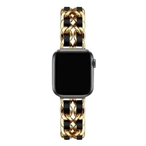 Gold Chain And Black Leather Apple Watch Band