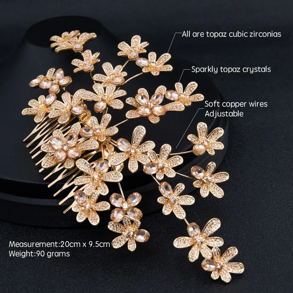 Gold Crystal Cubic Zirconia Bridal Wedding Soft Headband Hairband Tiara THG005GOL