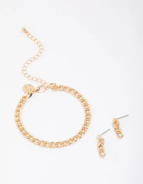 Gold Curb Chain Bracelet & Earring Set