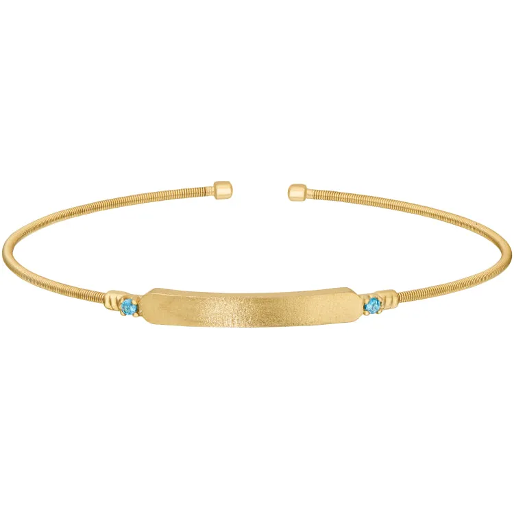 Gold Finish Silver Cable Cuff Bracelet with Name Plate and Simulated Aquamarine Birth Gems - March