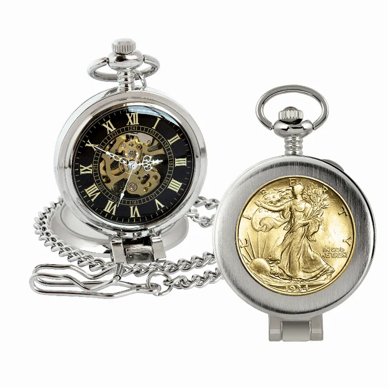 Gold-Layered Silver Walking Liberty Half Dollar Coin Pocket Watch with Skeleton