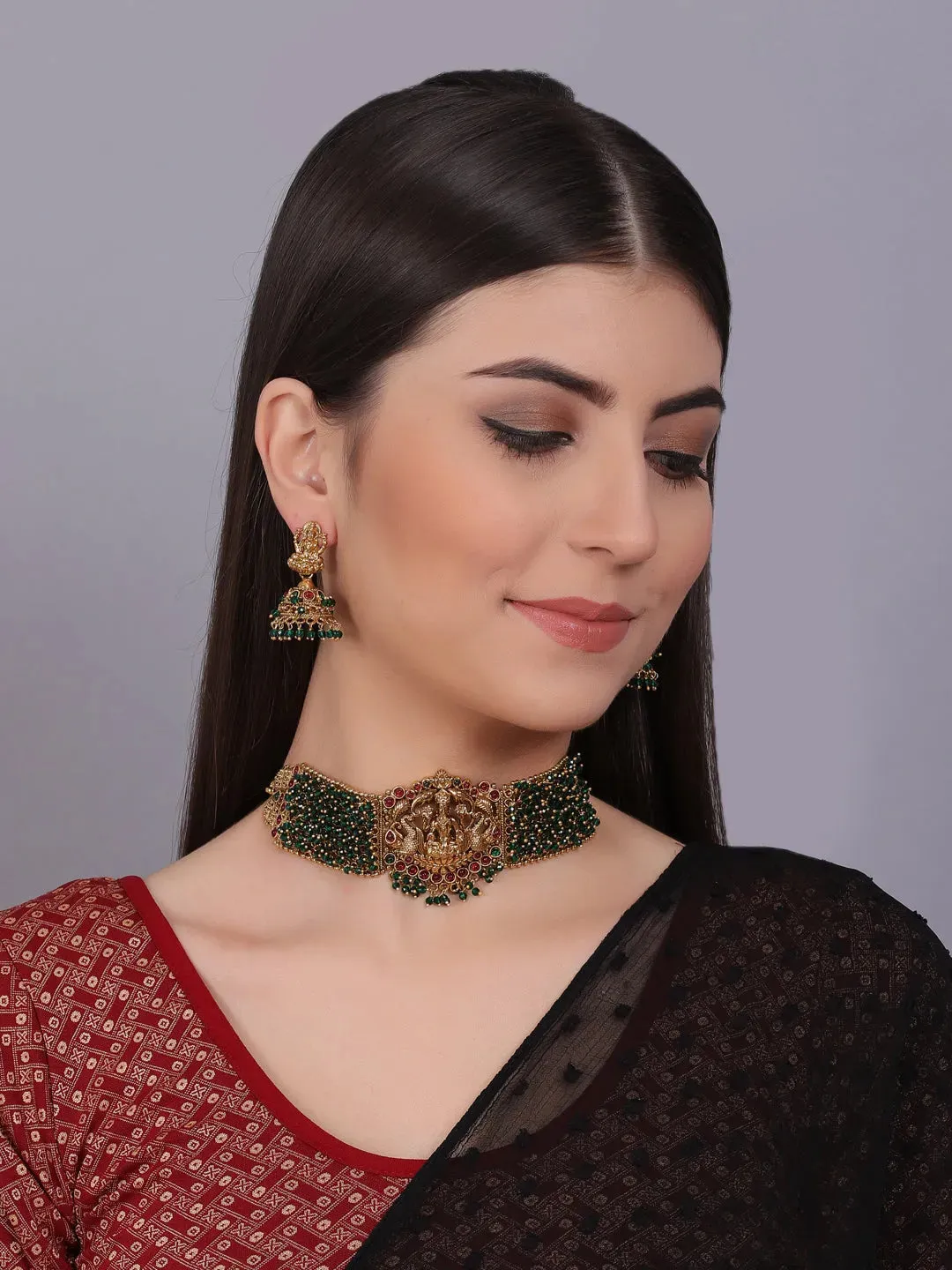 Gold Plated Laxmi Green Hydra Beads Choker Set