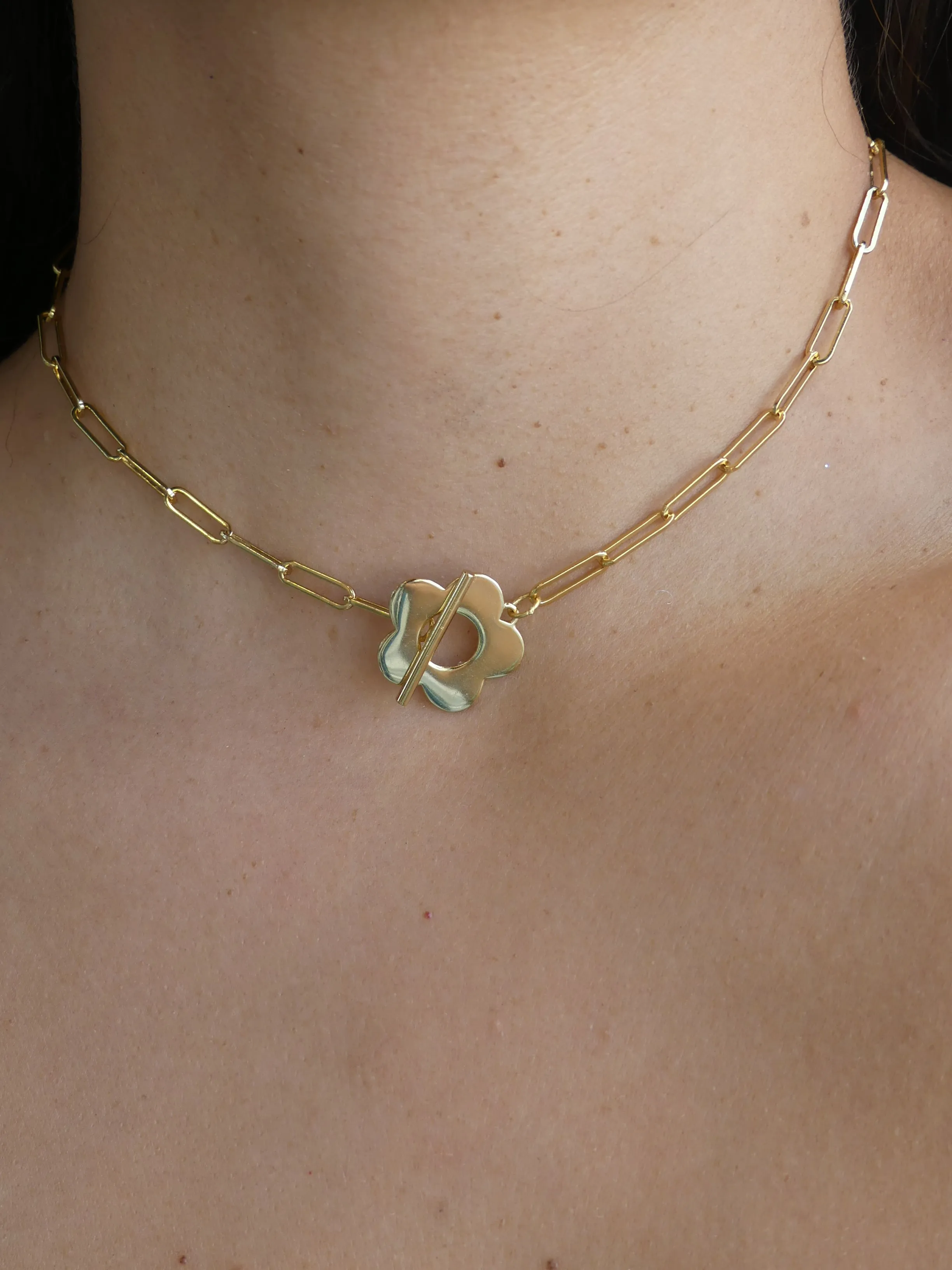 Golden Flower Choker Necklace,  .925 Sterling Silver Paper Clip Links Toggle Short Necklace