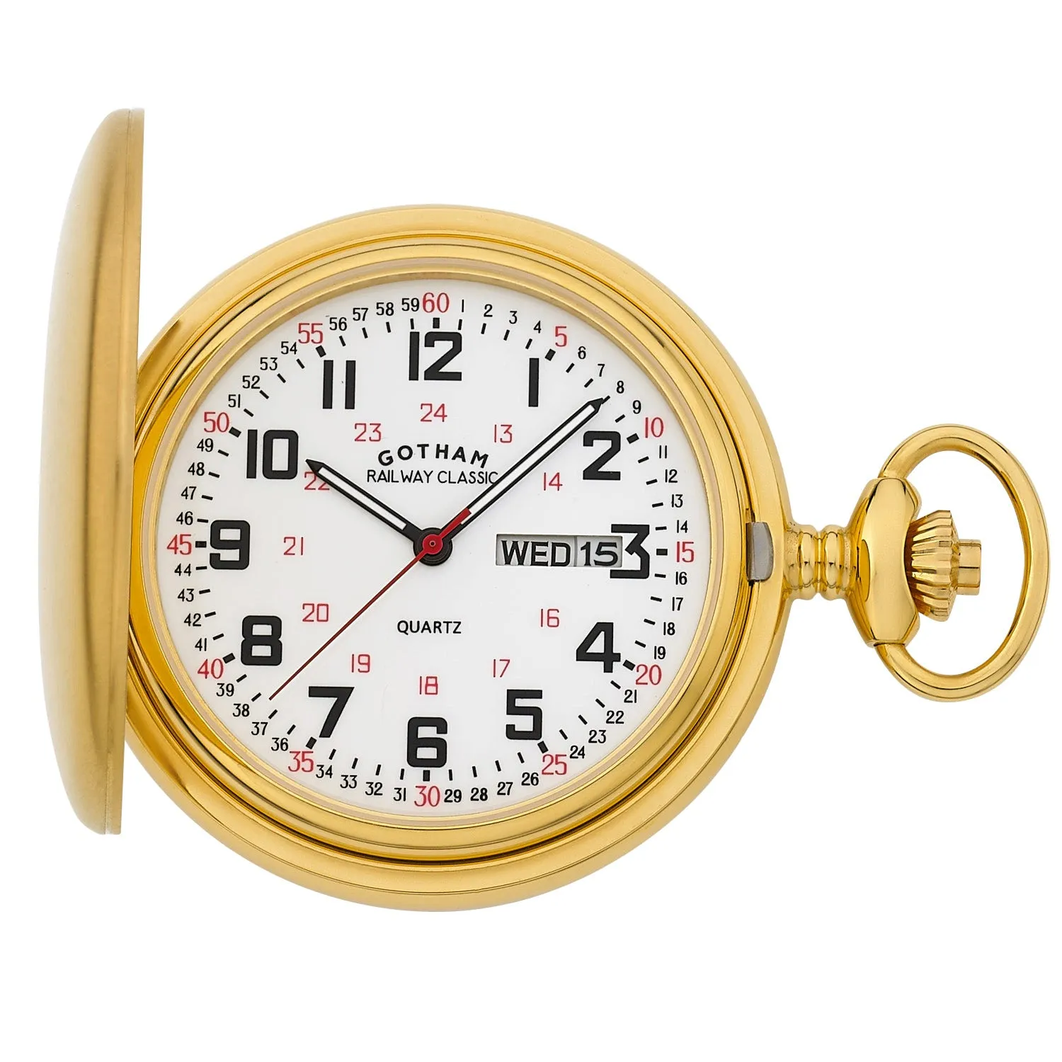 Gotham Men's Railway Classic Gold-Plated Stainless Steel Analog Quartz Day/Date Hunter Pocket Watch # GWC14110G