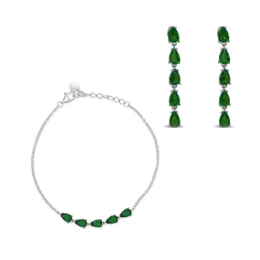 GREEN LINE OF PEARS BRACELET & STUD EARRING HALF SILVER SET