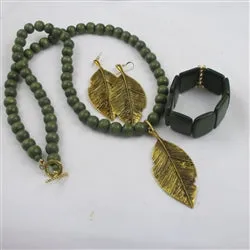 Green Wooden Beaded  Necklace Bracelet & Gold Leaf Earrings Jewelry Set