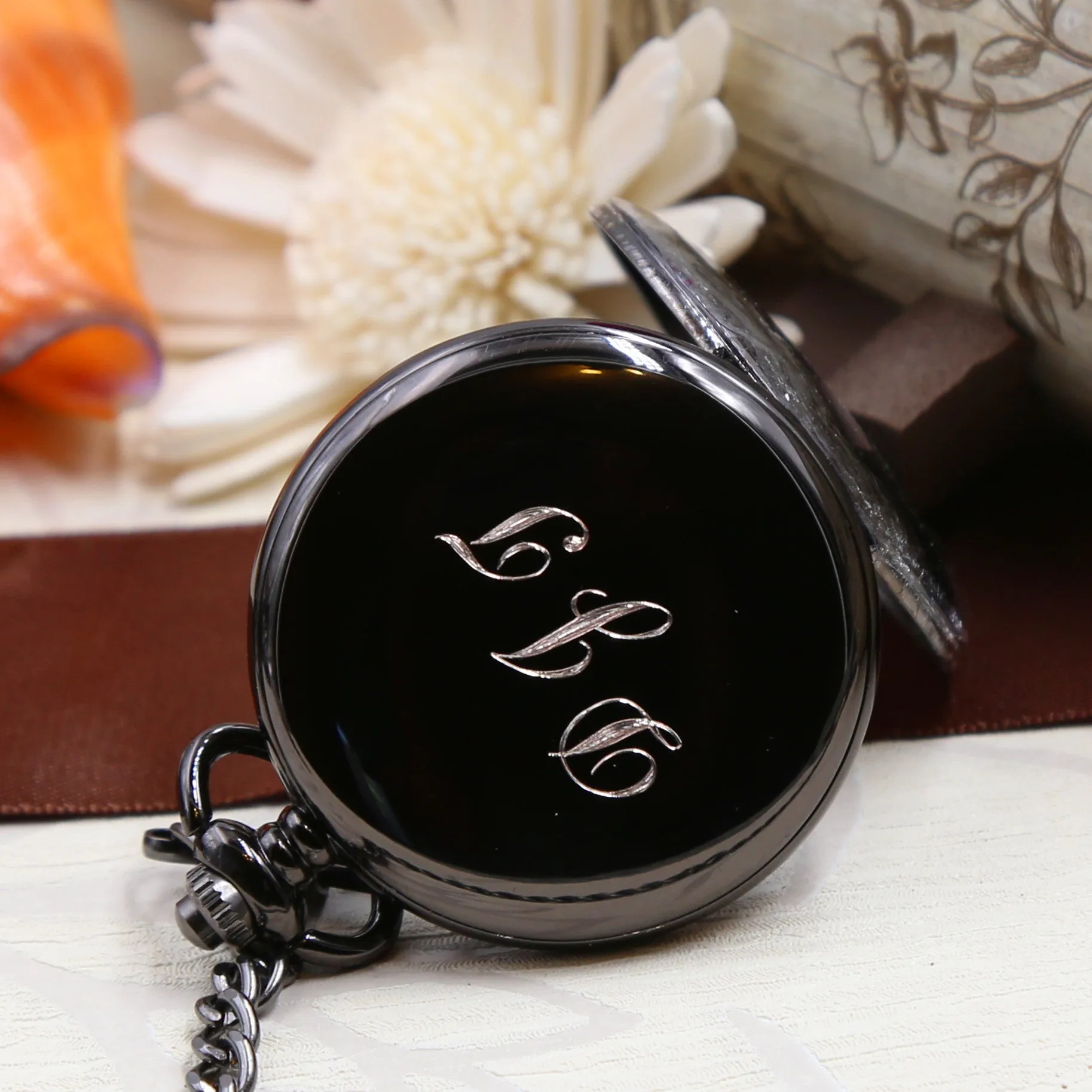 Groomsmen Gift Custom Black Pocket Watch Hand Wind Up with Vest Chain-Groomsmen gifts-Wedding Gift M029