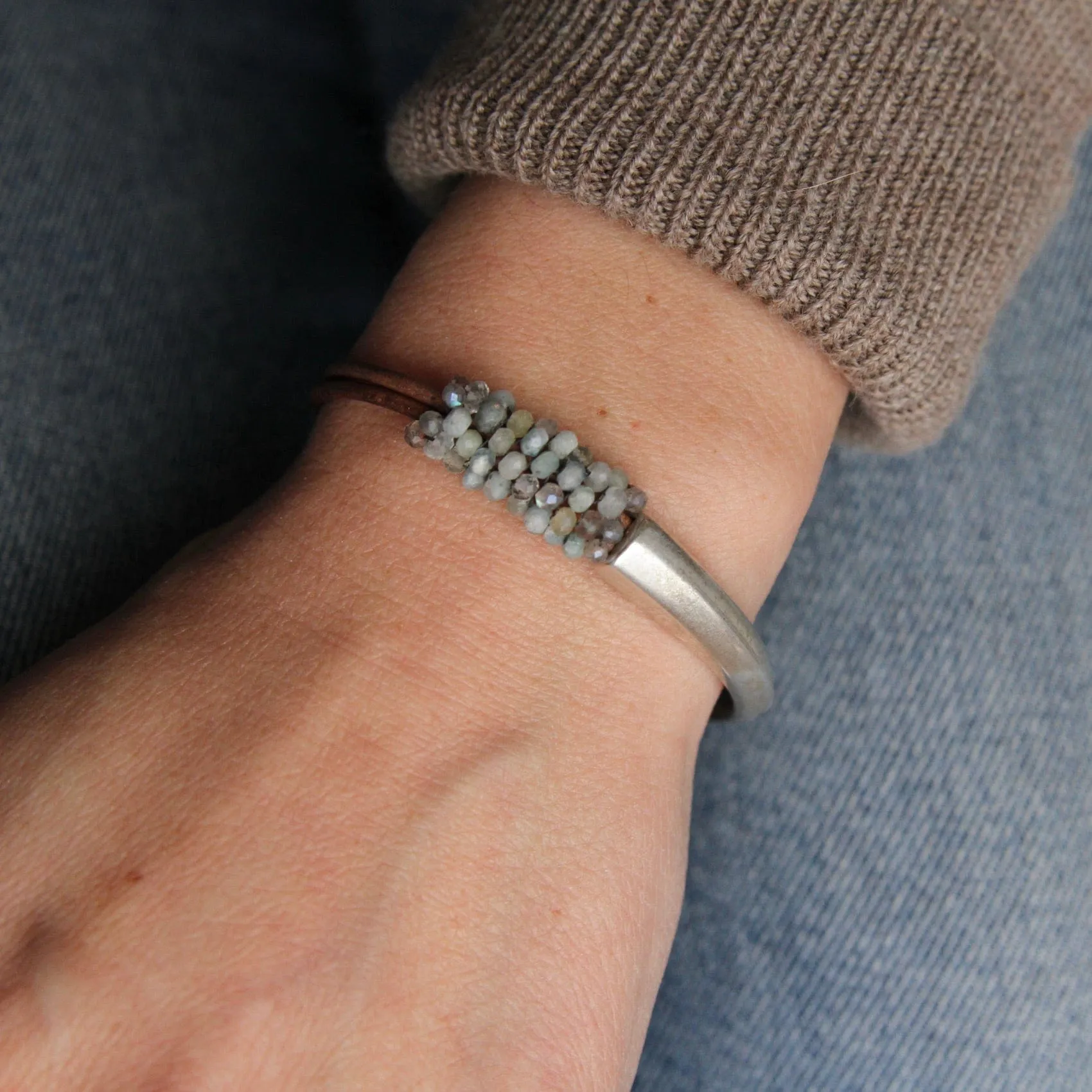 Hand Stitched Aquamarine & Labradorite 1/2 Cuff Bracelet