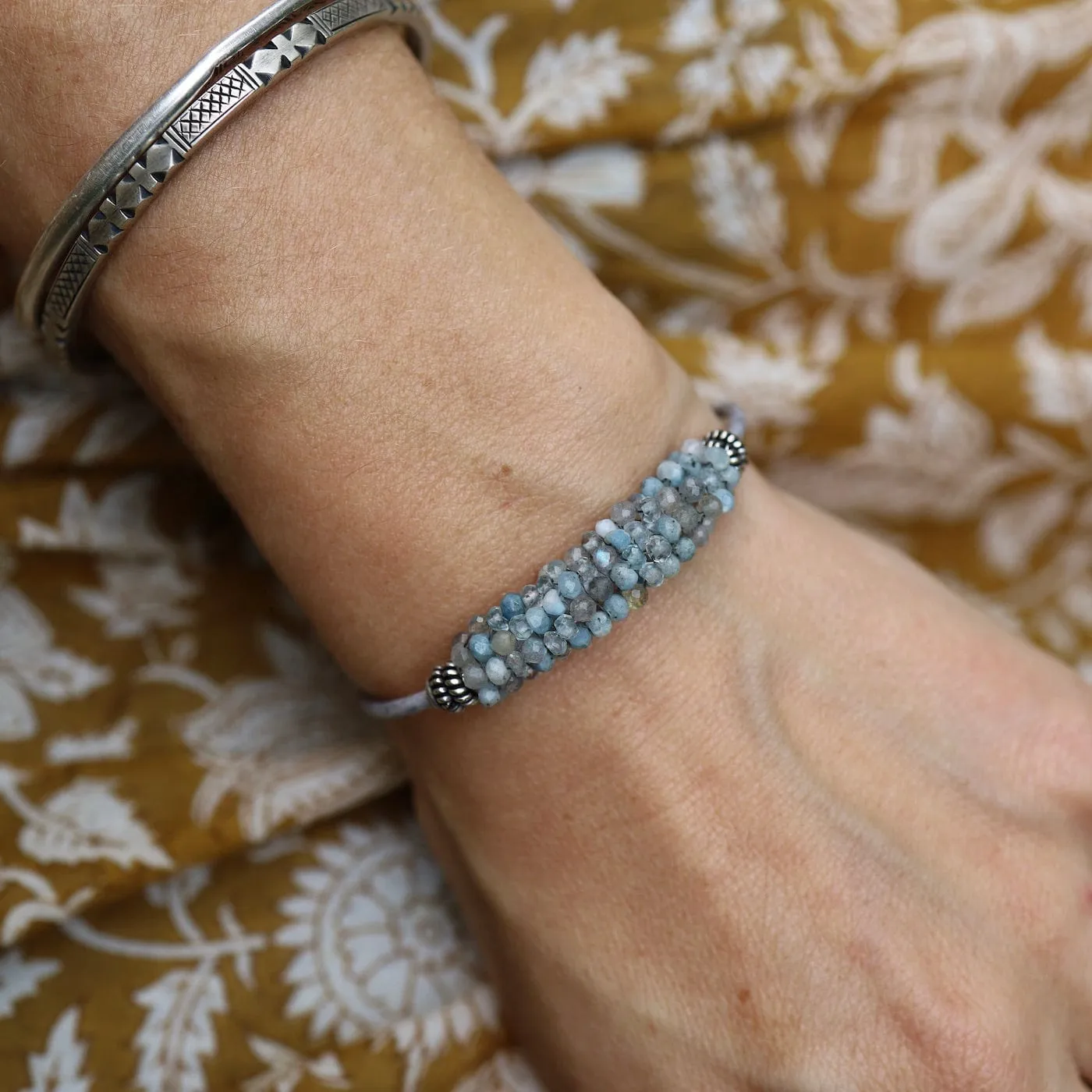 Hand Stitched Aquamarine, Blue Labradorite & Larimar Leather Bracelet