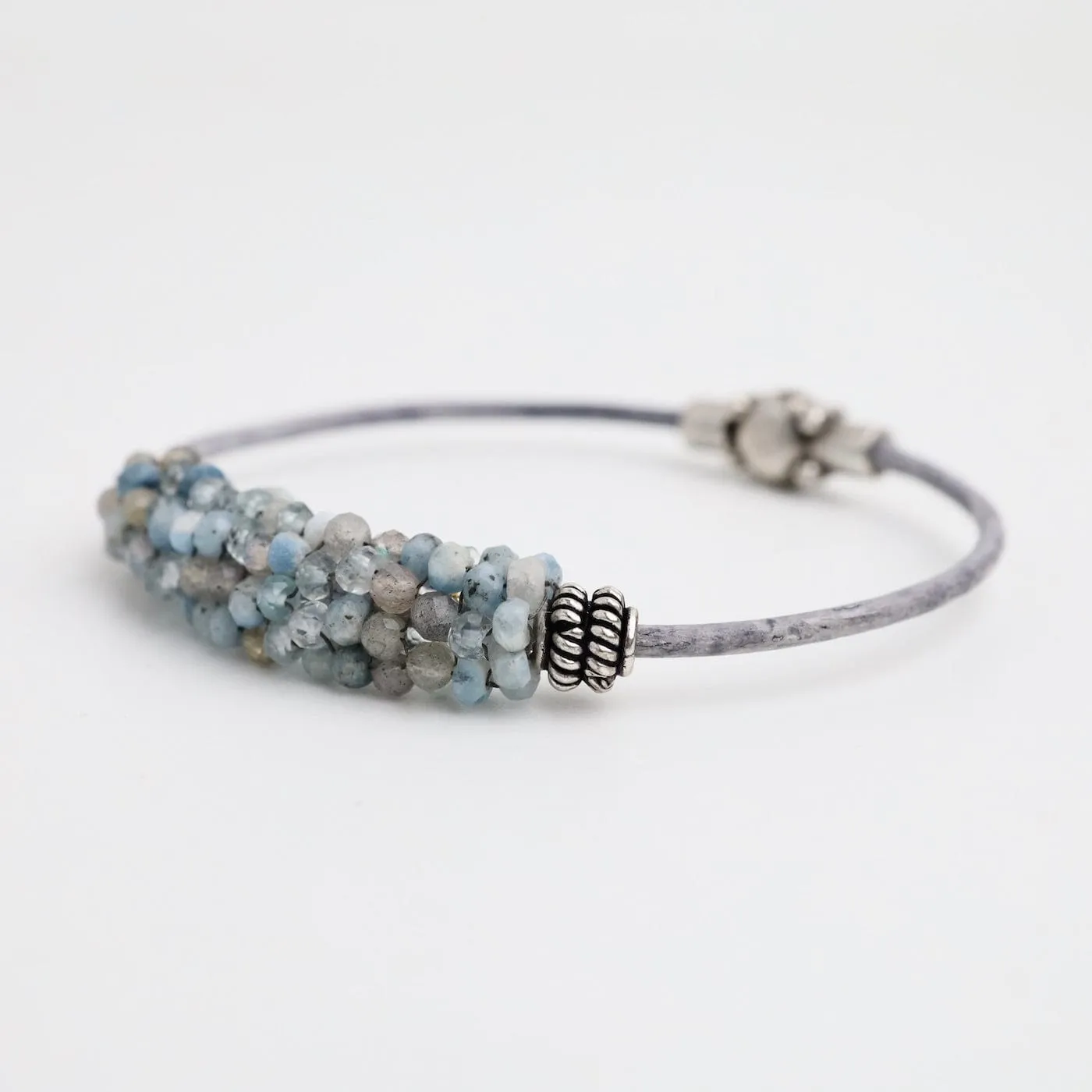 Hand Stitched Aquamarine, Blue Labradorite & Larimar Leather Bracelet