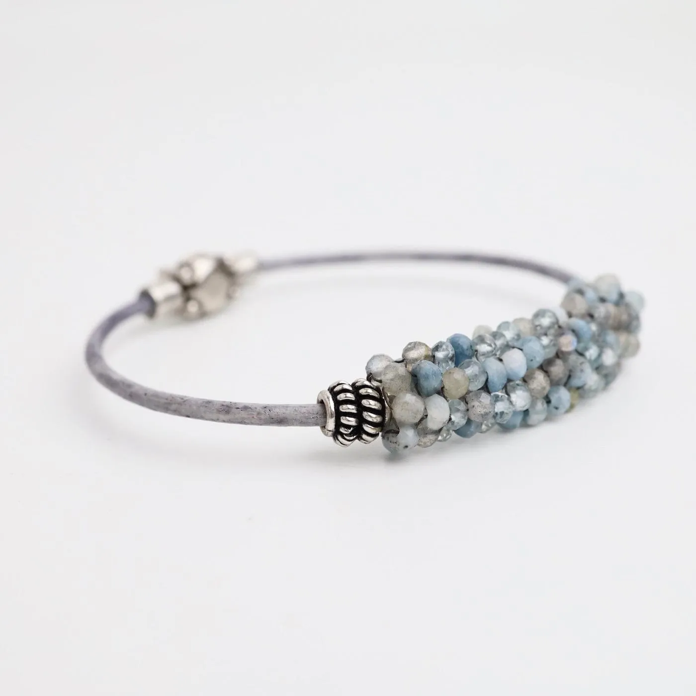 Hand Stitched Aquamarine, Blue Labradorite & Larimar Leather Bracelet