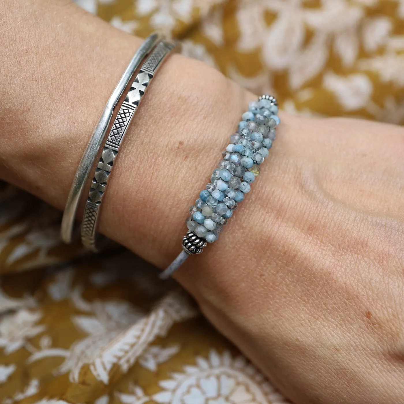 Hand Stitched Aquamarine, Blue Labradorite & Larimar Leather Bracelet