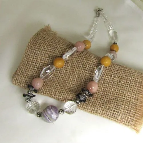 Handcrafted Rock Crystal, Crystal Quartz and Jasper Necklace