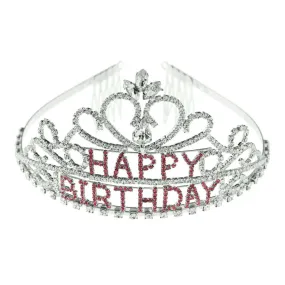 Happy Birthday Tiara - Silver with Pink Stones