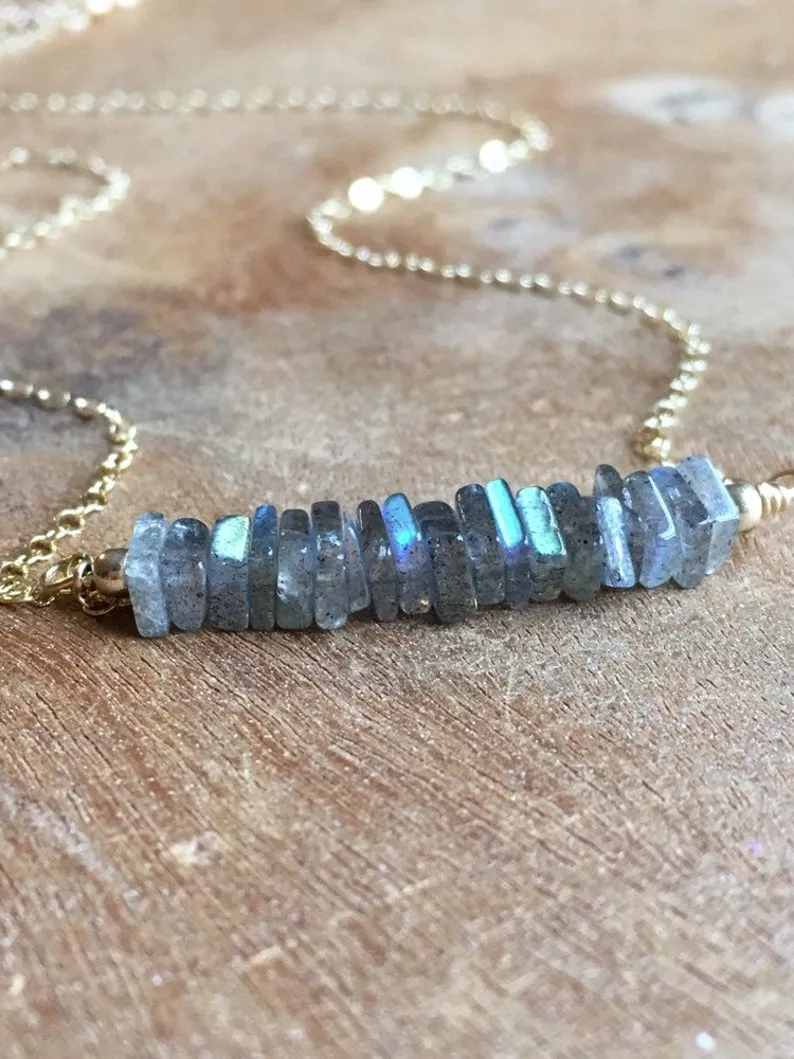 Healing Labradorite Bar Necklace Sterling Silver or Gold Fill