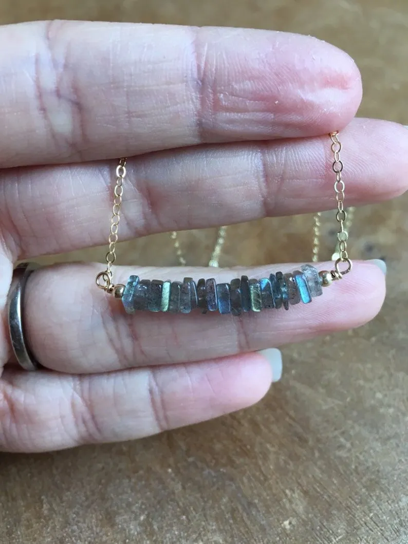 Healing Labradorite Bar Necklace Sterling Silver or Gold Fill