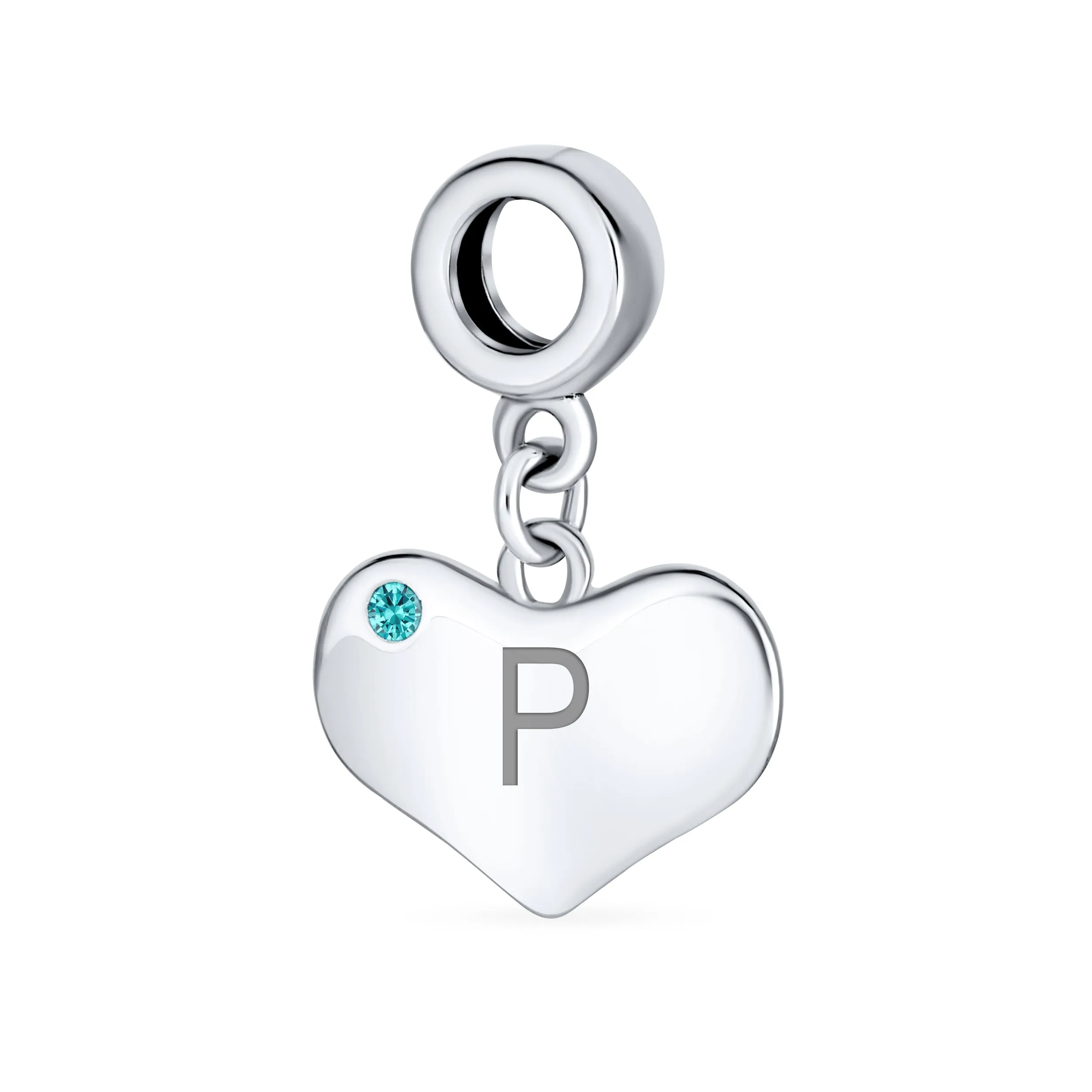 Initial Alphabet Bead Charm Aqua Blue Crystal Heart Dangle for Silver Bracelet