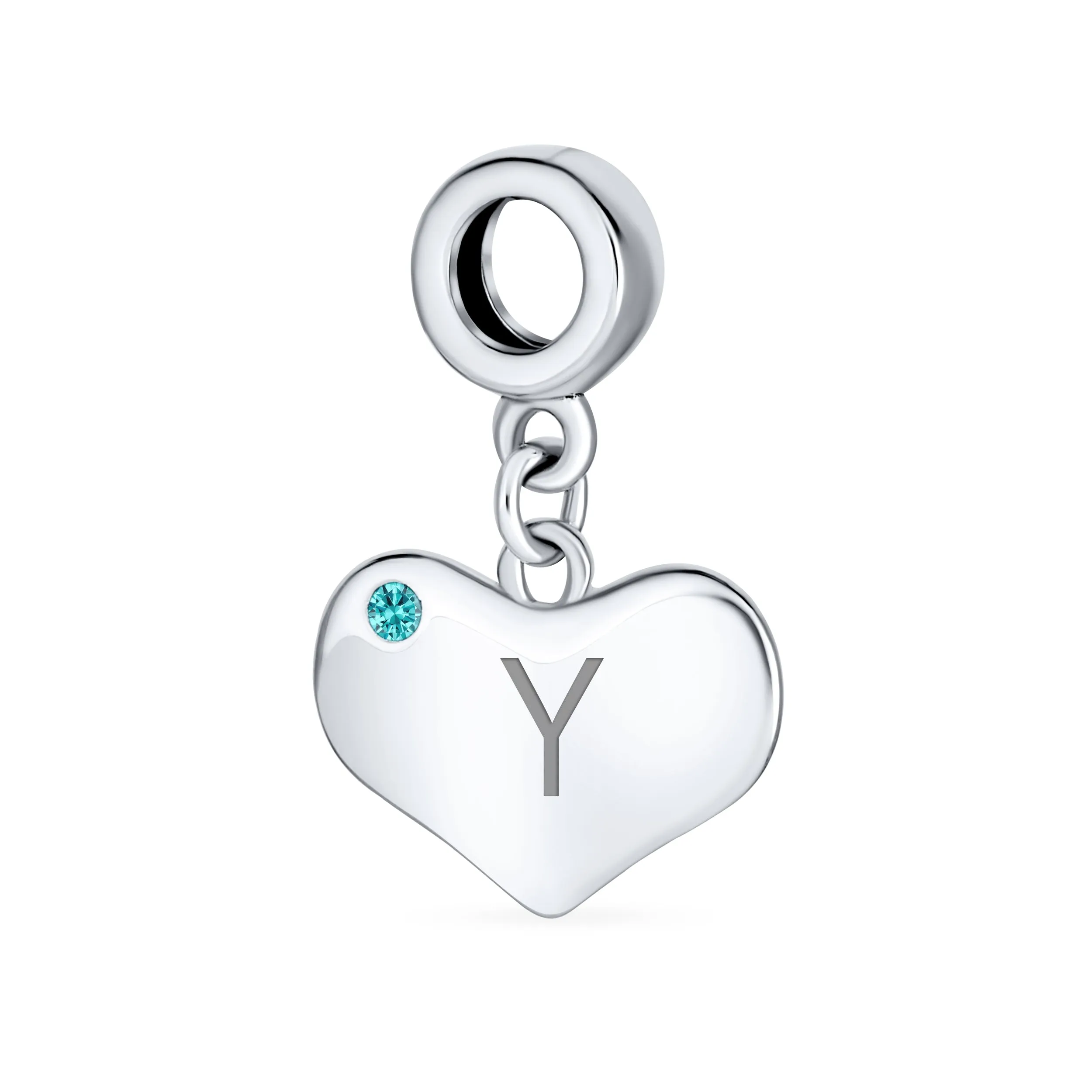 Initial Alphabet Bead Charm Aqua Blue Crystal Heart Dangle for Silver Bracelet