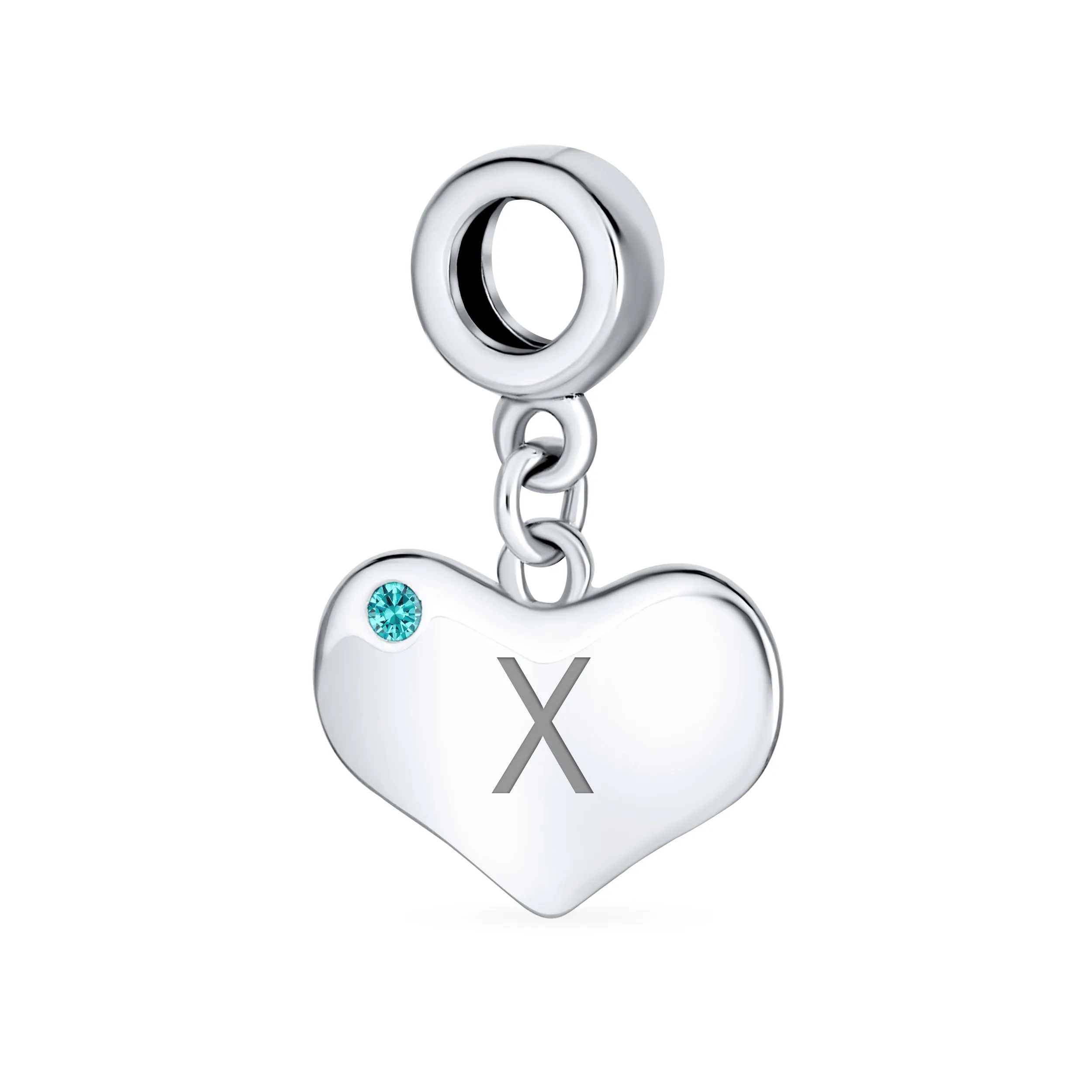 Initial Alphabet Bead Charm Aqua Blue Crystal Heart Dangle for Silver Bracelet