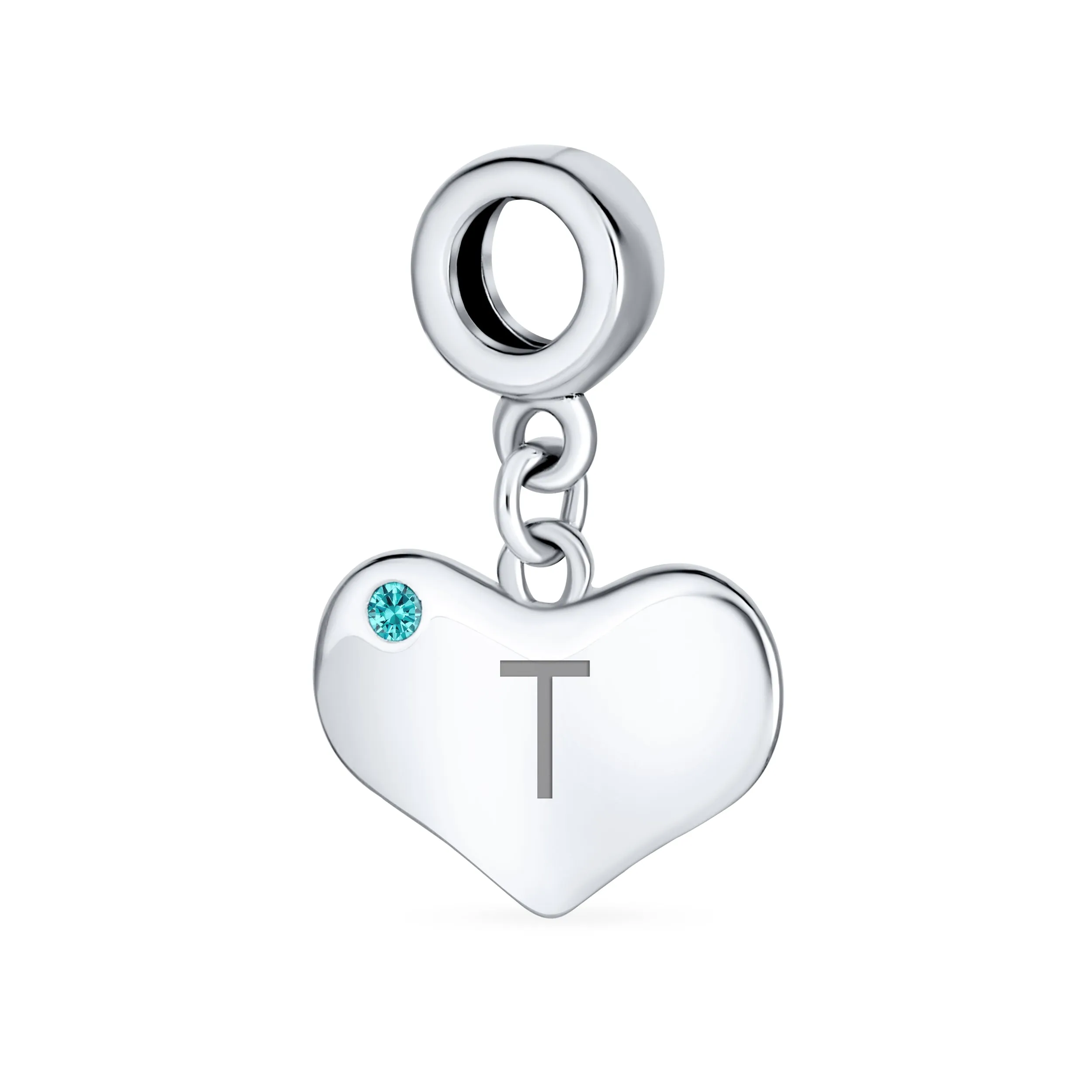 Initial Alphabet Bead Charm Aqua Blue Crystal Heart Dangle for Silver Bracelet