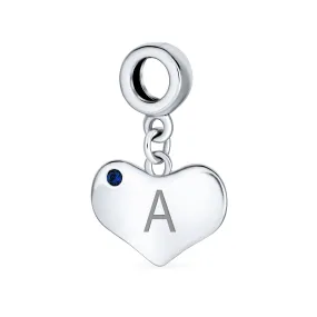 Initial Alphabet Bead Charm Blue Sapphire Heart Dangle for Sterling Silver Bracelet