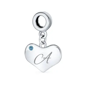 Initial Alphabet Bead Charm Blue Topaz Heart Dangle Bead for European Bracelet