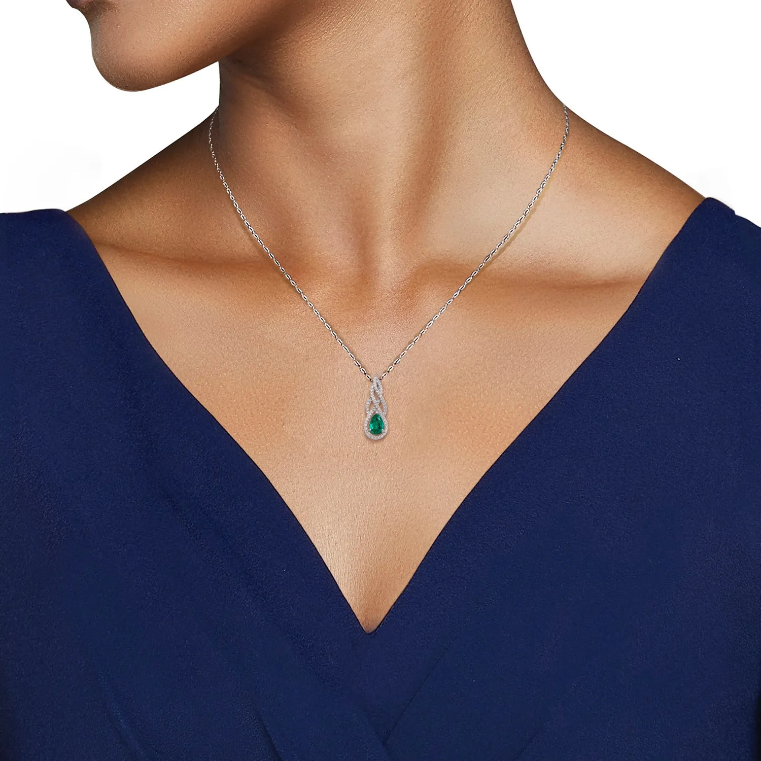 Jewelili Sterling Silver with Pear Shape Created Emerald and Round White Topaz with Round Emerald Teardrop Pendant Necklace