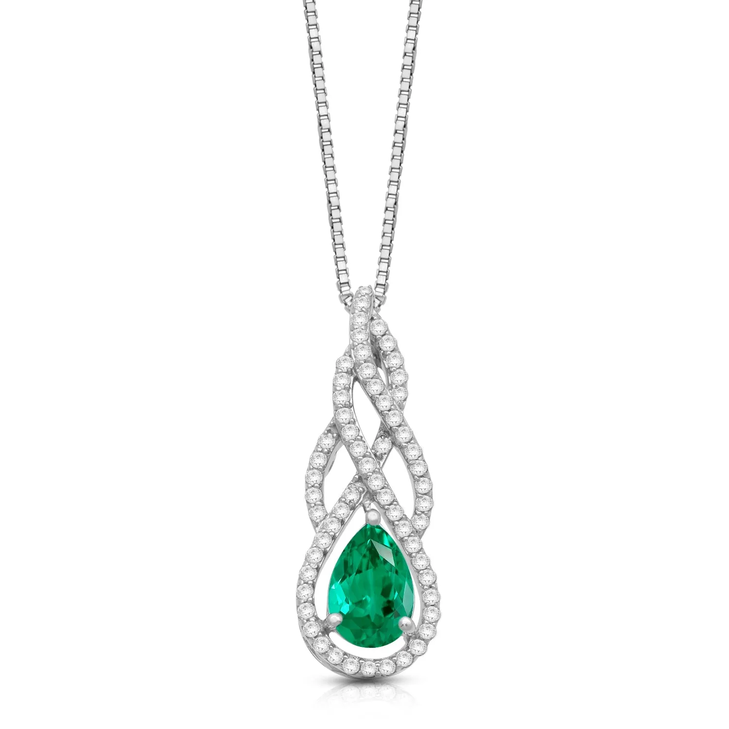 Jewelili Sterling Silver with Pear Shape Created Emerald and Round White Topaz with Round Emerald Teardrop Pendant Necklace