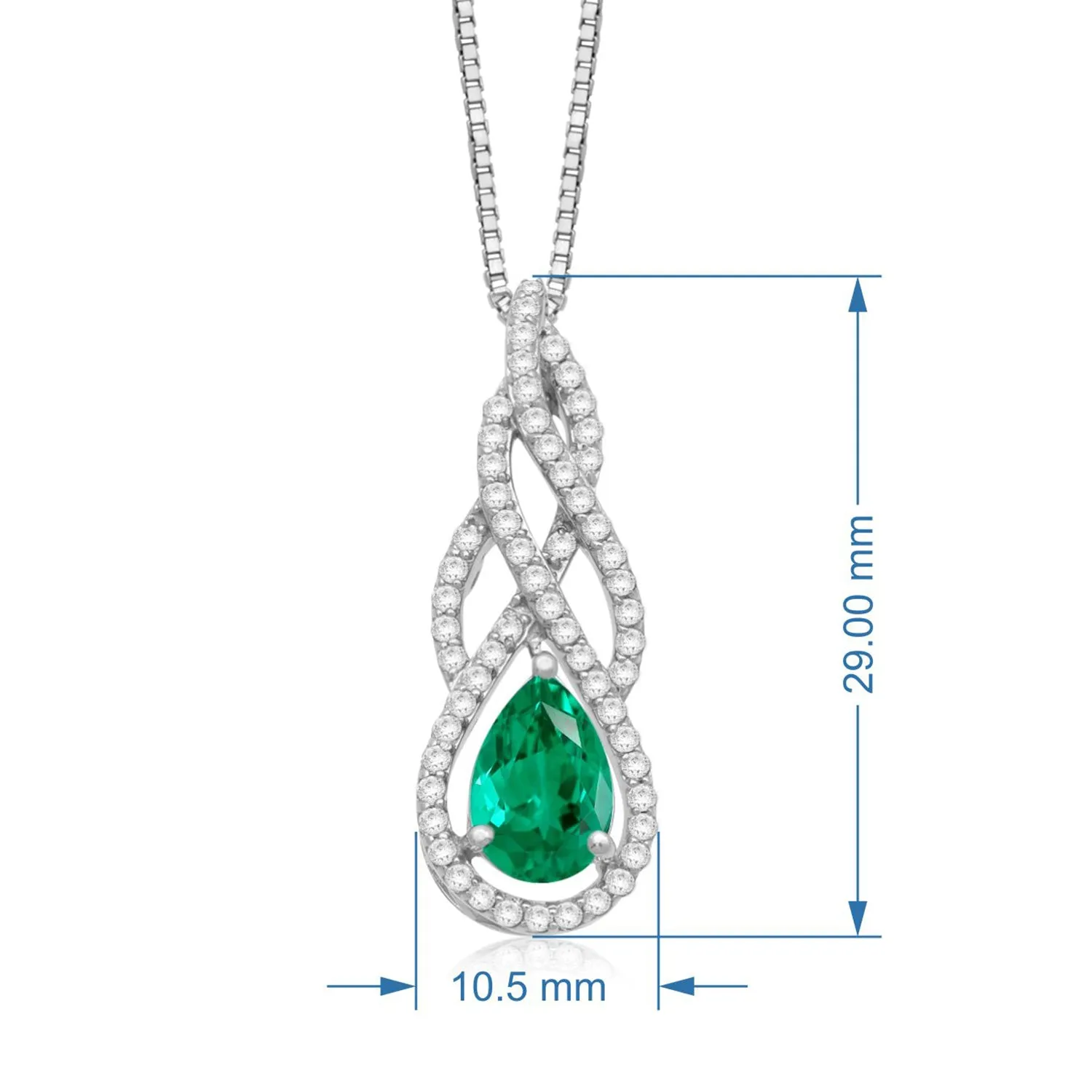 Jewelili Sterling Silver with Pear Shape Created Emerald and Round White Topaz with Round Emerald Teardrop Pendant Necklace