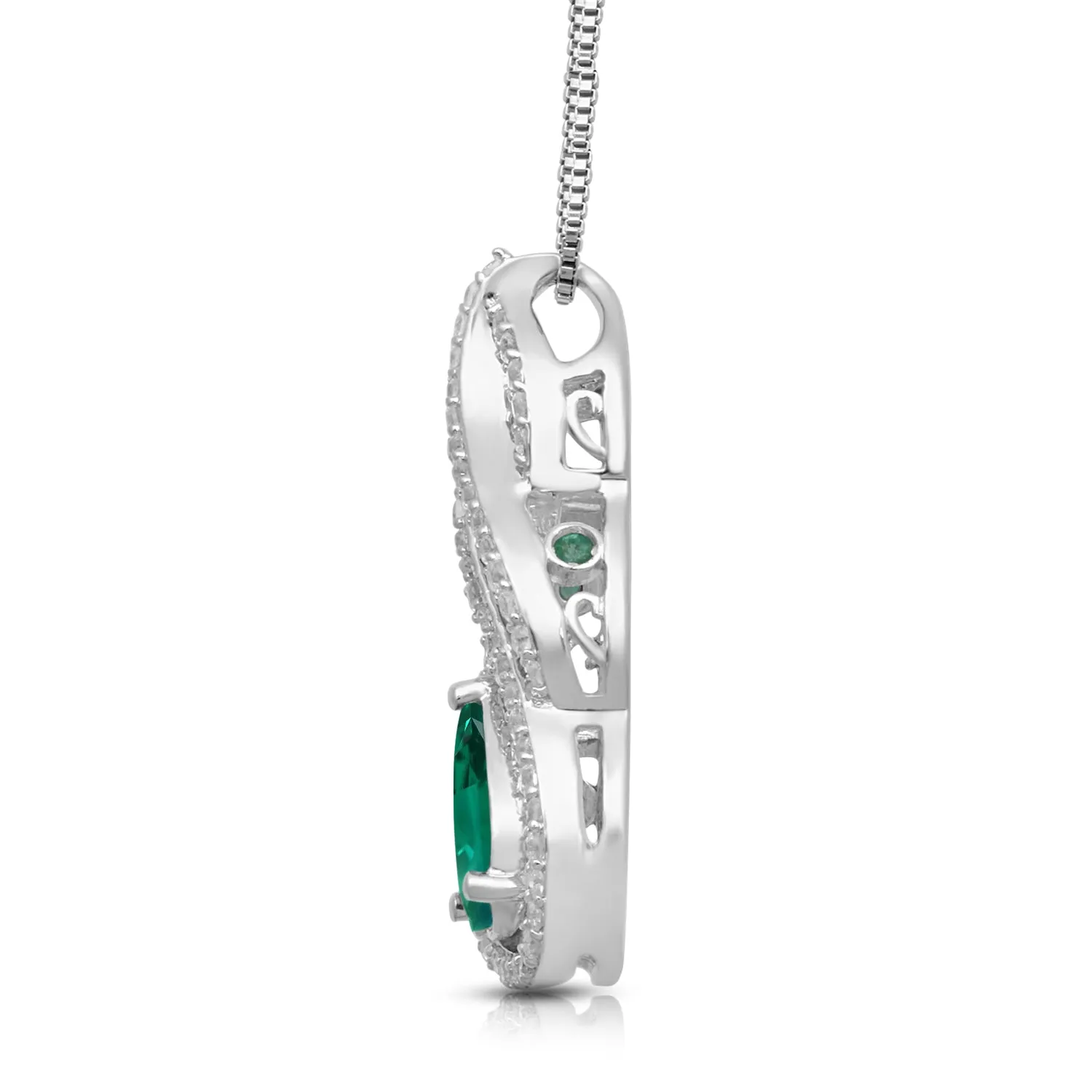 Jewelili Sterling Silver with Pear Shape Created Emerald and Round White Topaz with Round Emerald Teardrop Pendant Necklace