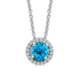 Jewelili Sterling Silver with Round Swiss Blue Topaz and Created White Sapphire Halo Pendant Necklace