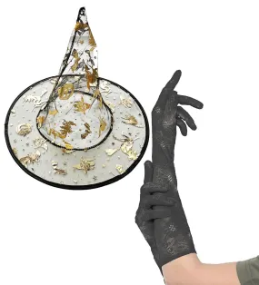 Labreeze Witch Costume Set | Witch Hat with Gold Prints & Lace Gloves