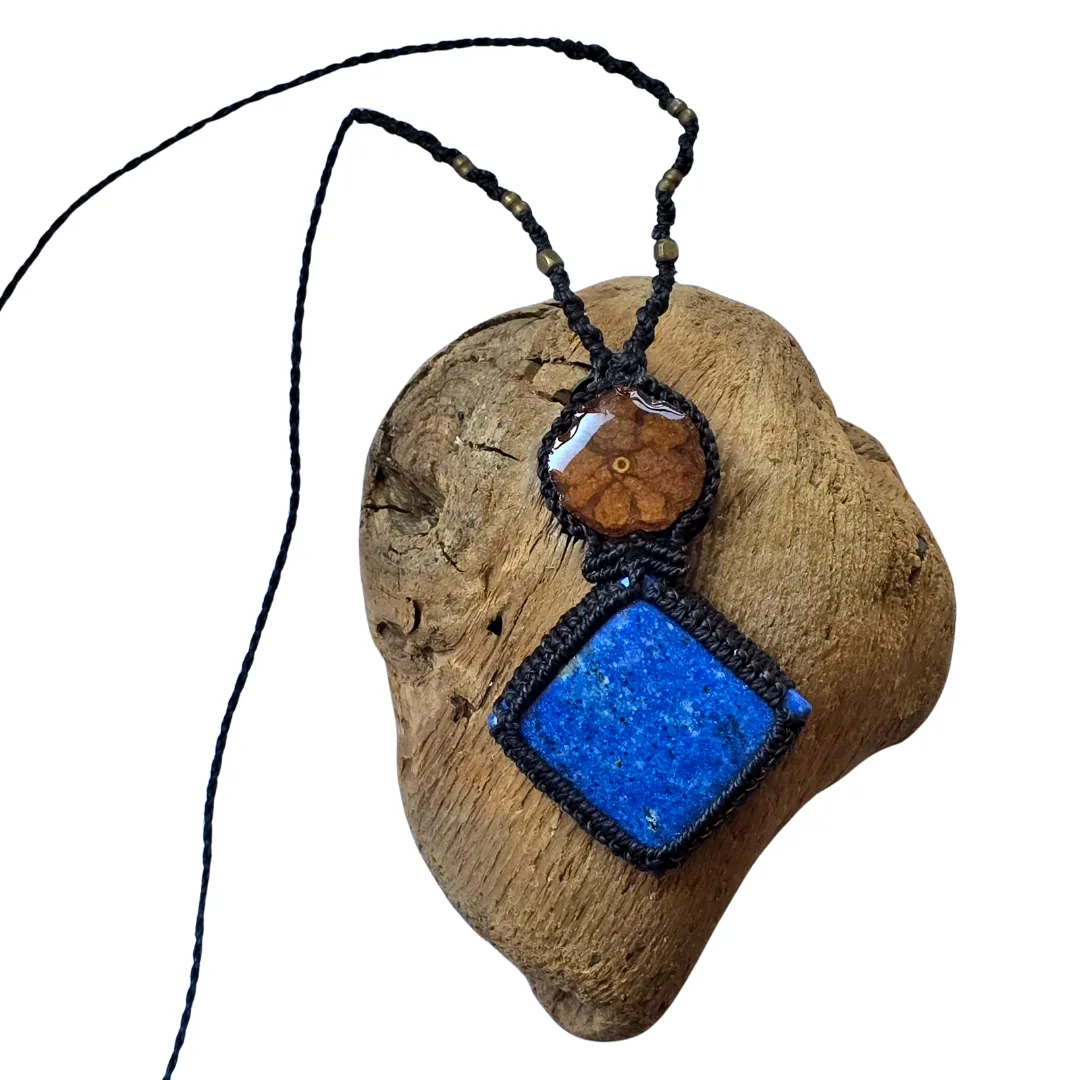 Lapis lazuli and ayahuasca vine macrame necklace from the Peruvian Amazon