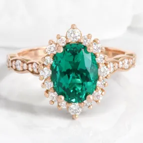 Large Oval Emerald Engagement Ring in Tiara Halo Diamond Scalloped Band