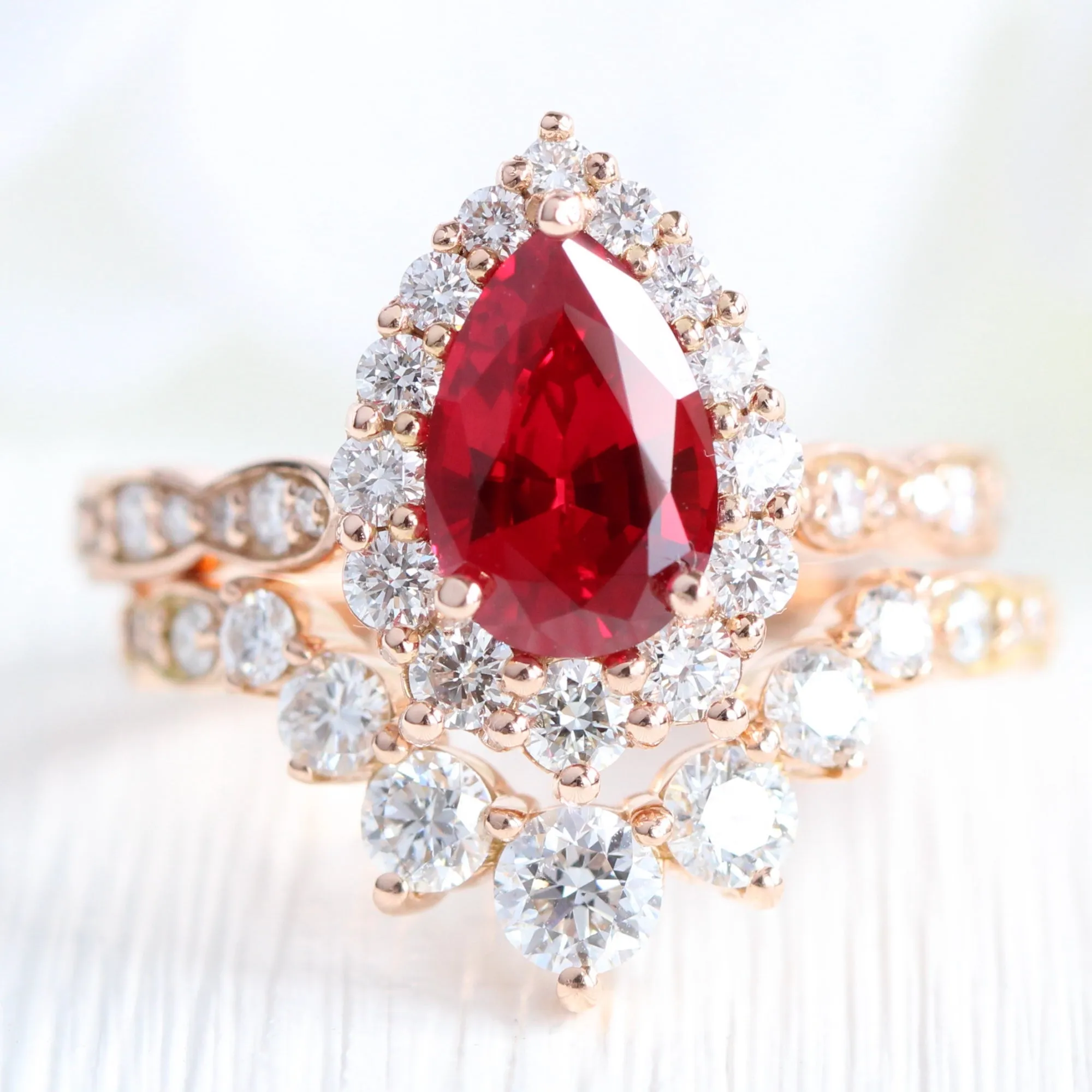 Large Pear Ruby Engagement Ring in Tiara Halo Diamond Scalloped Band