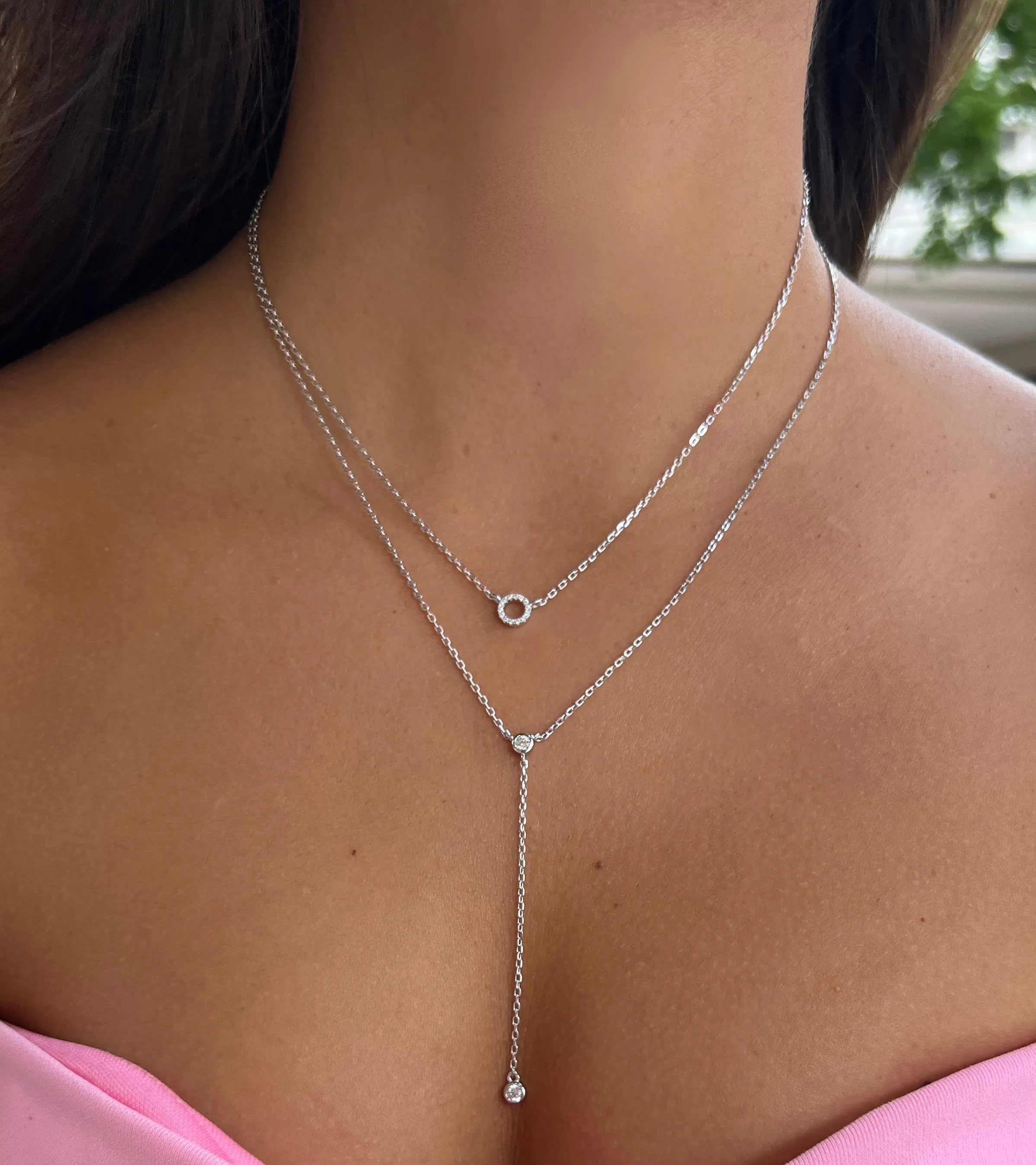 Lariat Silver Necklace, .925 Sterling Silver Diamond Cubic Zirconia, Hypoallergenic Nicole Y Layered 2:1 Double Necklace