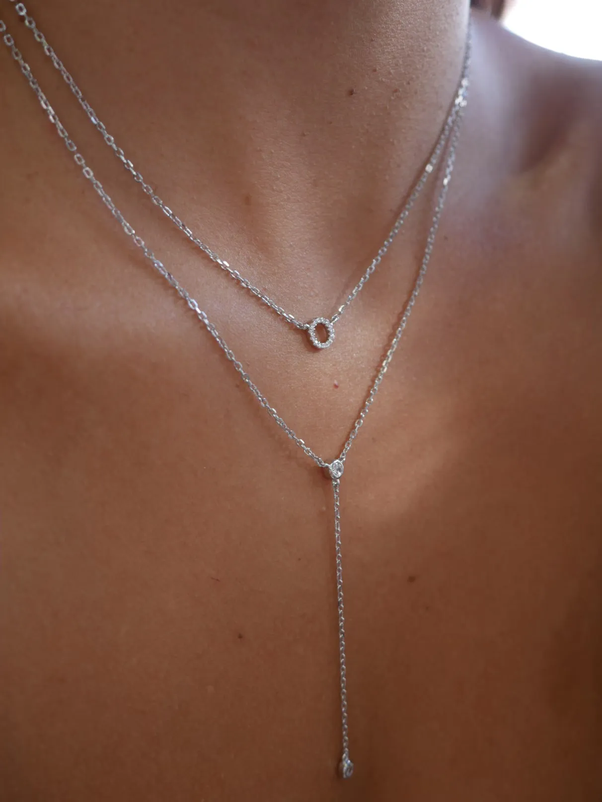 Lariat Silver Necklace, .925 Sterling Silver Diamond Cubic Zirconia, Hypoallergenic Nicole Y Layered 2:1 Double Necklace