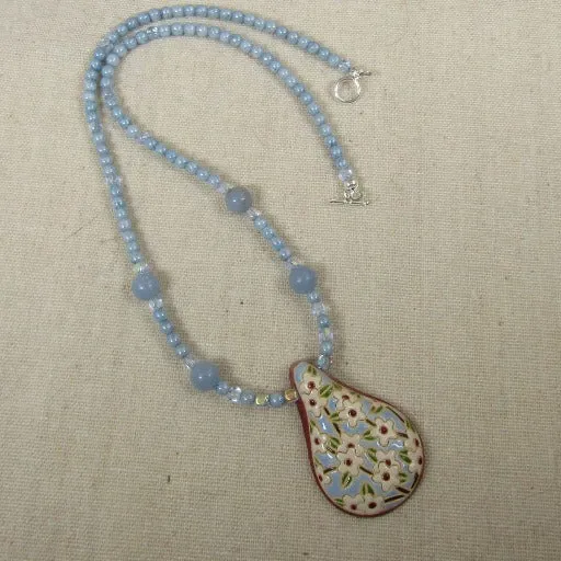 Light Blue & White Flower Handmade Artisan Pendant Necklace