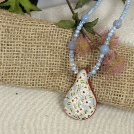 Light Blue & White Flower Handmade Artisan Pendant Necklace