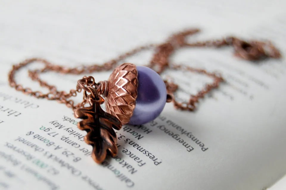 Lilac and Copper Pearl Acorn Necklace | Cute Nature Acorn Charm Necklace | Forest Acorn Necklace | Woodland Pearl Acorn | Nature Jewelry