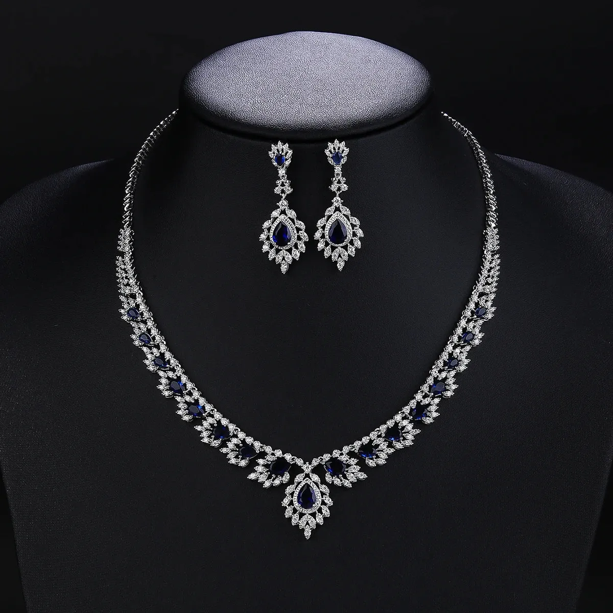 Luxury 4 Colors CZ Cubic Zircon Dangle Drop Wedding Bouquet Necklace and Earrings Sets Bridal Jewelry Dress Accessories CN10640