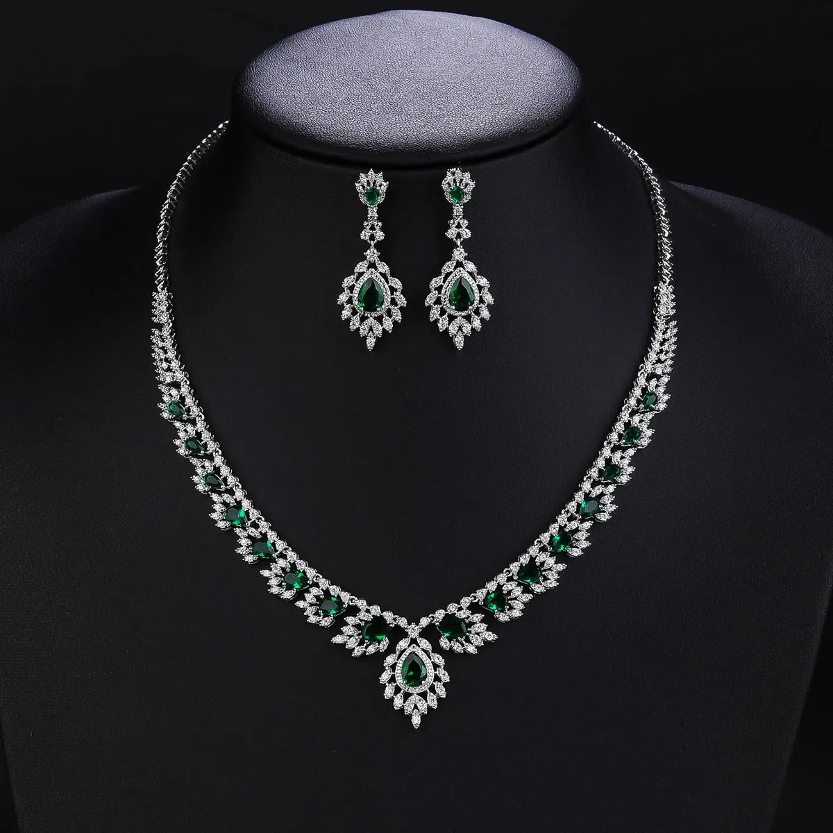 Luxury 4 Colors CZ Cubic Zircon Dangle Drop Wedding Bouquet Necklace and Earrings Sets Bridal Jewelry Dress Accessories CN10640