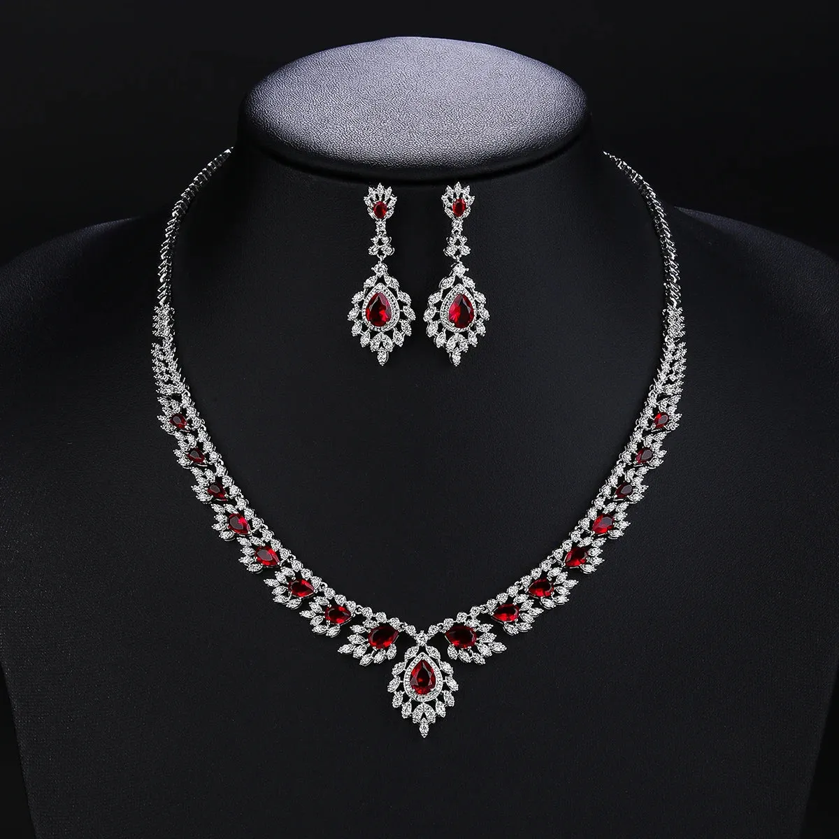 Luxury 4 Colors CZ Cubic Zircon Dangle Drop Wedding Bouquet Necklace and Earrings Sets Bridal Jewelry Dress Accessories CN10640