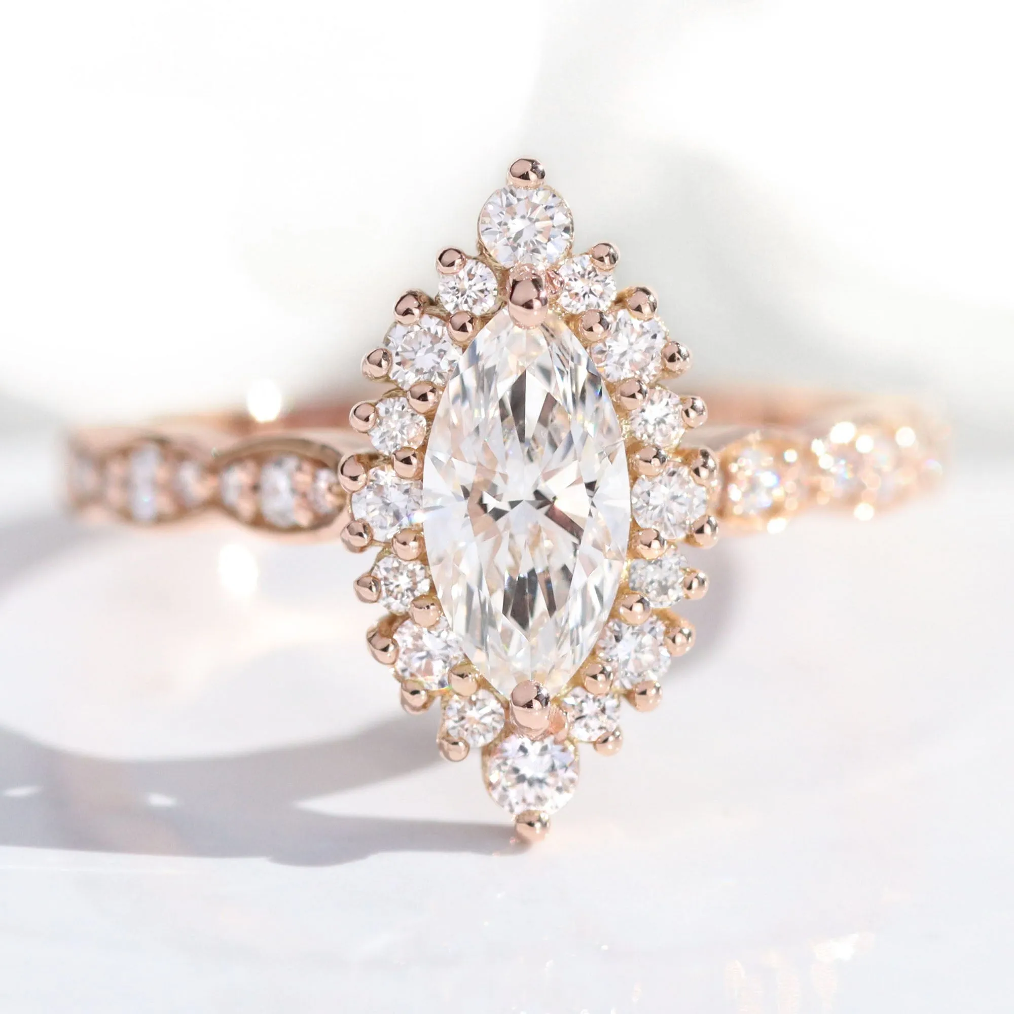 Marquise Diamond Halo Scalloped Ring w/ Lab Diamond and Large 7 Stone Wedding Band