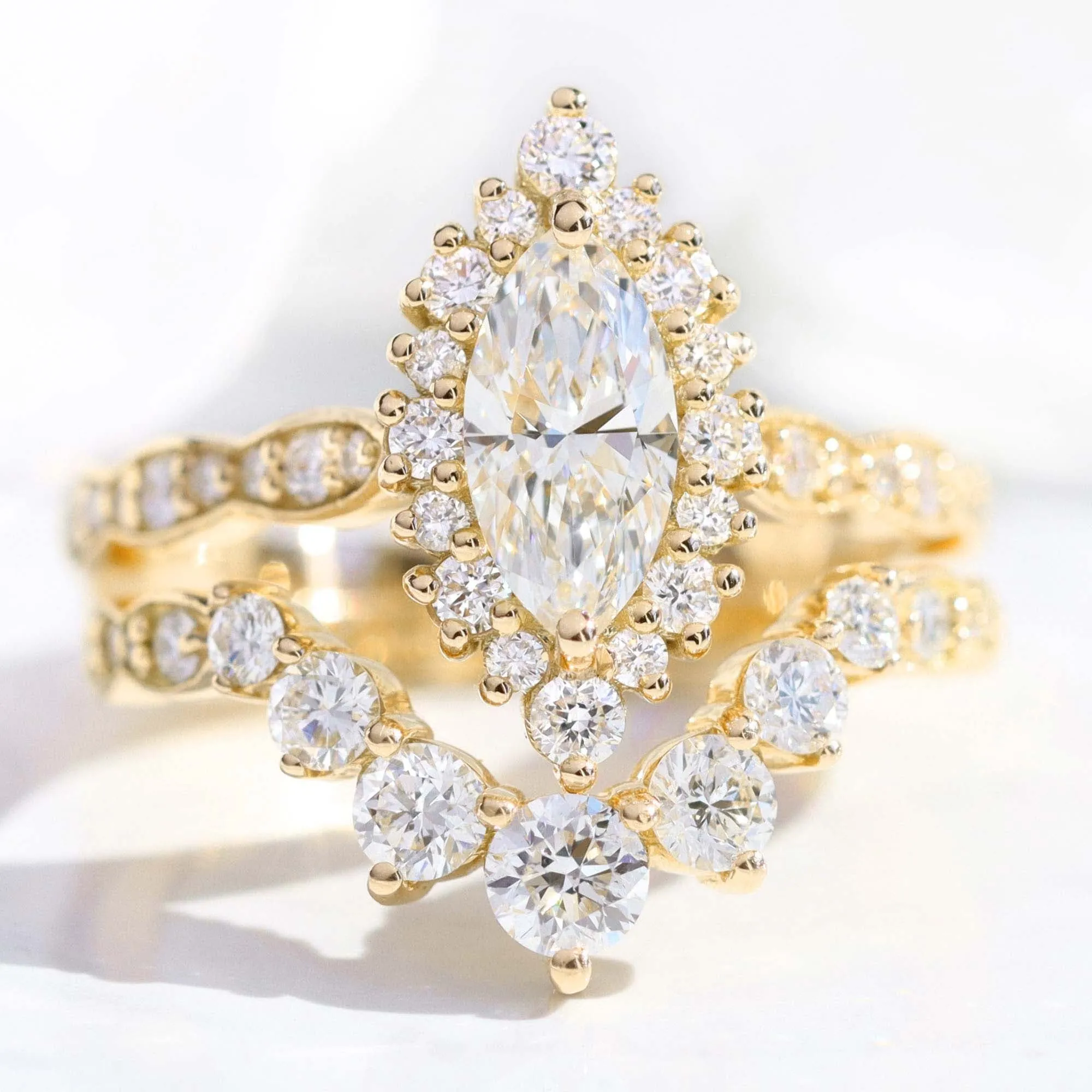 Marquise Diamond Halo Scalloped Ring w/ Lab Diamond and Large 7 Stone Wedding Band