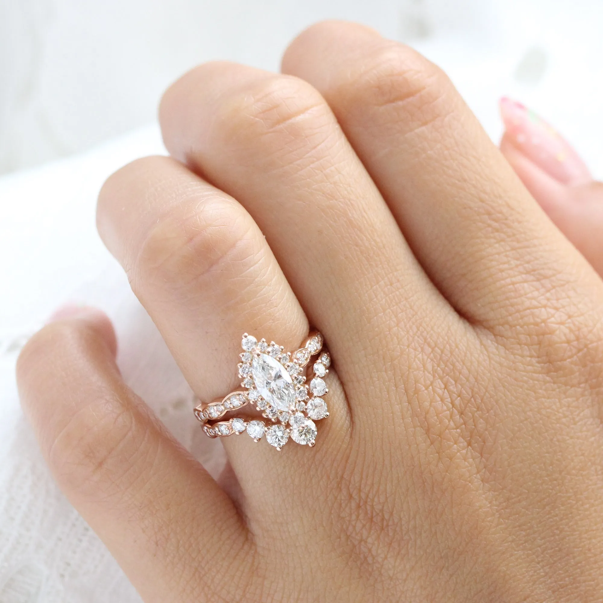 Marquise Diamond Halo Scalloped Ring w/ Lab Diamond and Large 7 Stone Wedding Band