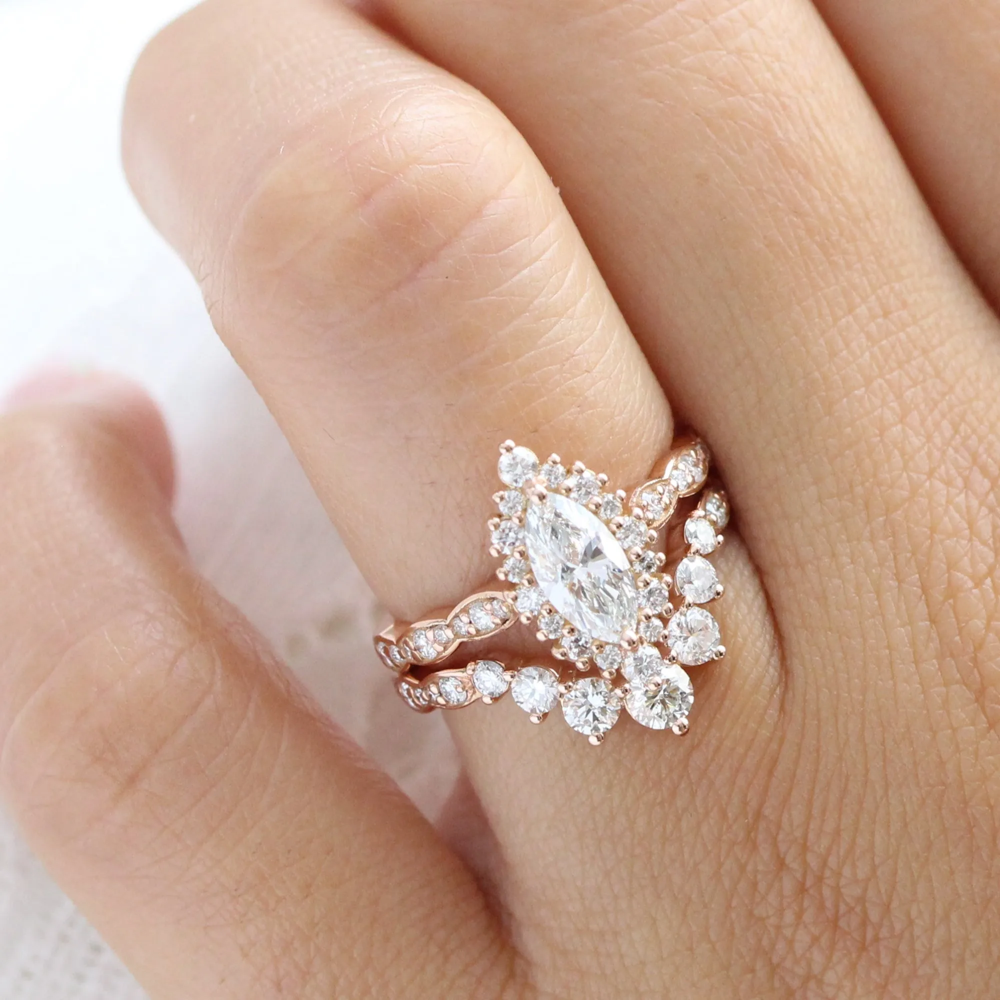 Marquise Diamond Halo Scalloped Ring w/ Lab Diamond and Large 7 Stone Wedding Band