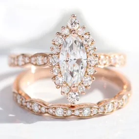 Marquise Diamond Halo Scalloped Ring w/ Lab Diamond and Matching Wedding Band