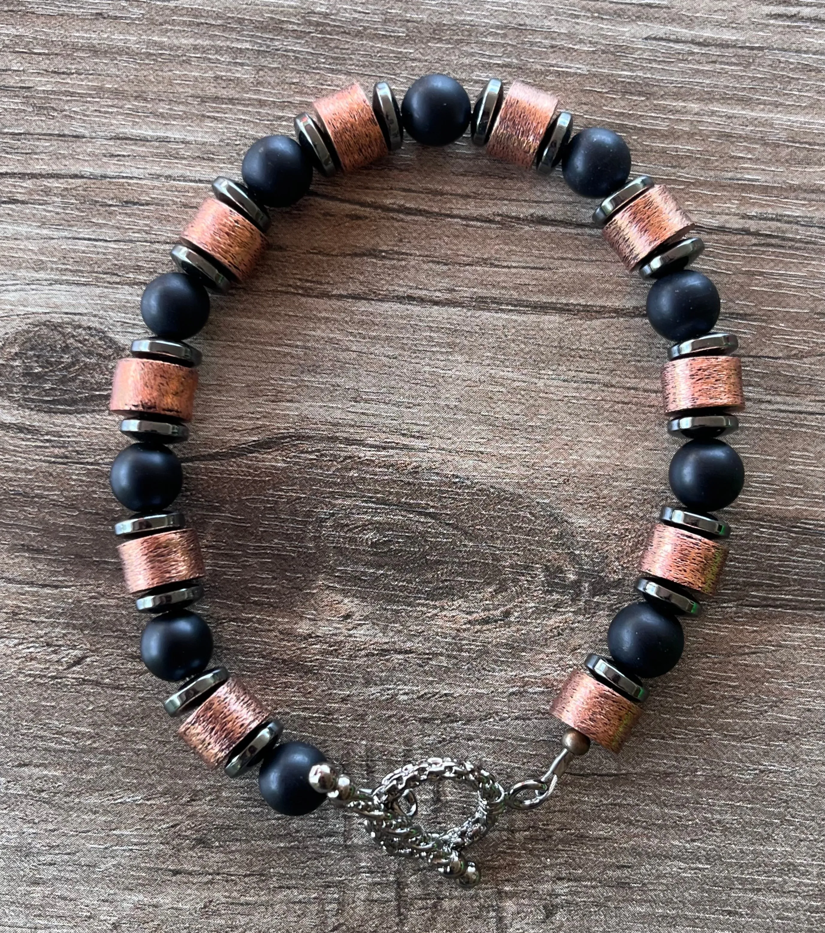 Mens Beaded Black Stone Hematite Copper Bracelet - Alexander