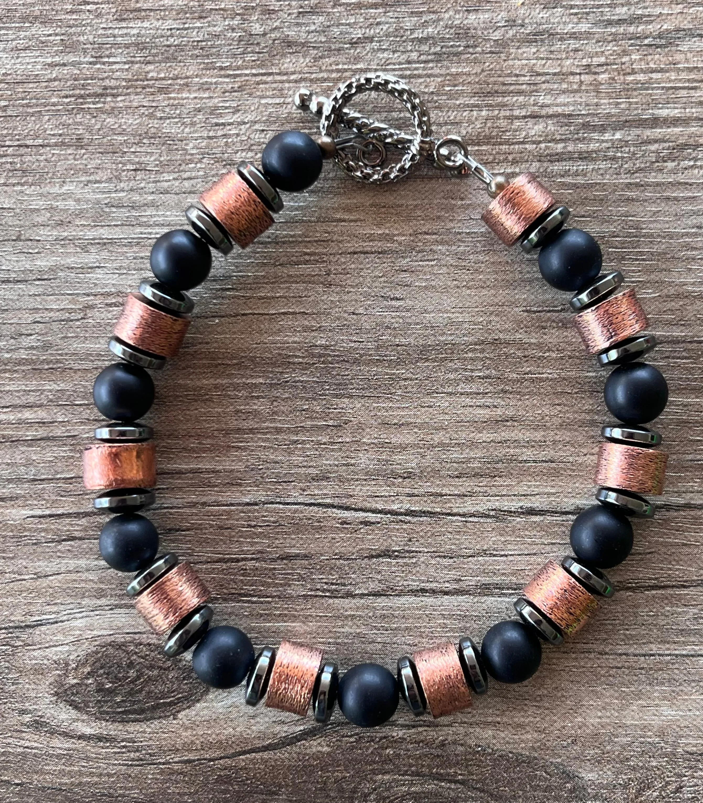 Mens Beaded Black Stone Hematite Copper Bracelet - Alexander